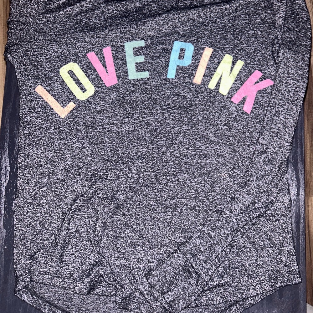 PINK Victoria's Secret Gray Long Sleeve Tee with Multicolor Lettering